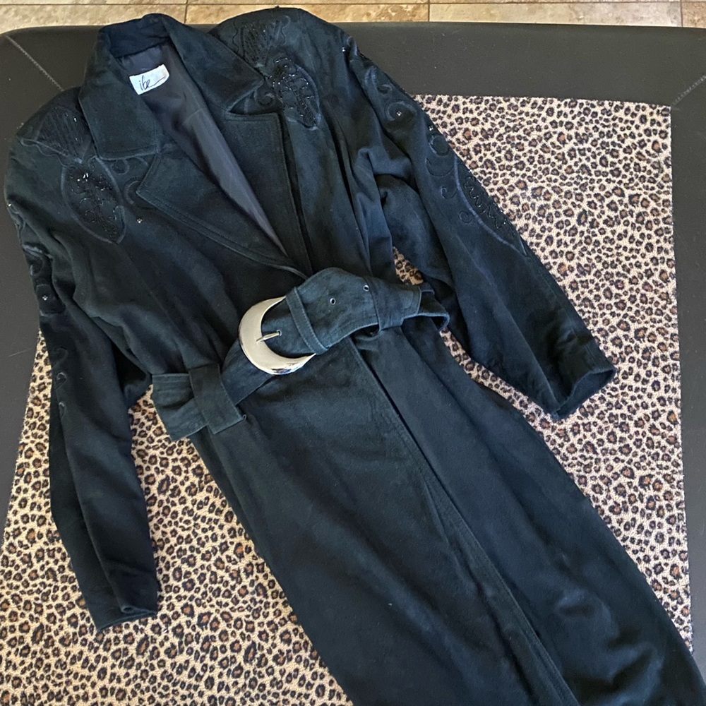 Suede coat beaded with bugle beads mid length fits small to medium